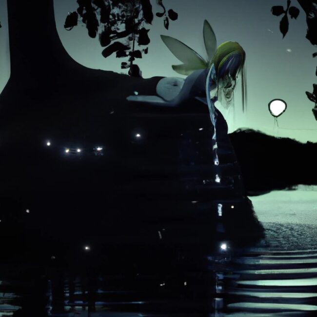 Fairy crying near the lake in the woods under the moonlight