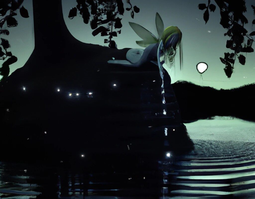 Fairy crying near the lake in the woods under the moonlight