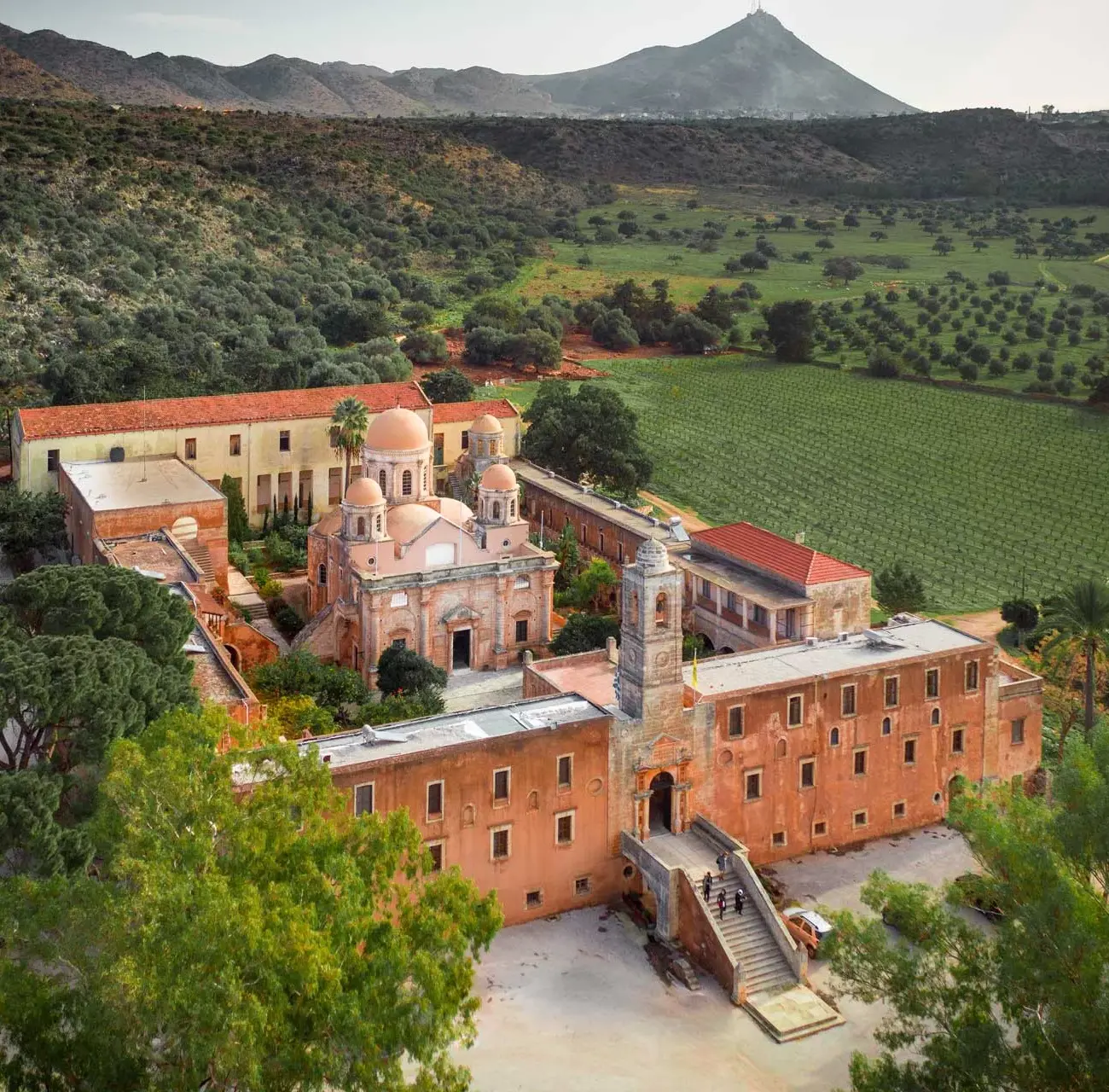 The complete complex of Agia Triada Monastery surrounded by its vineyards and olive groves