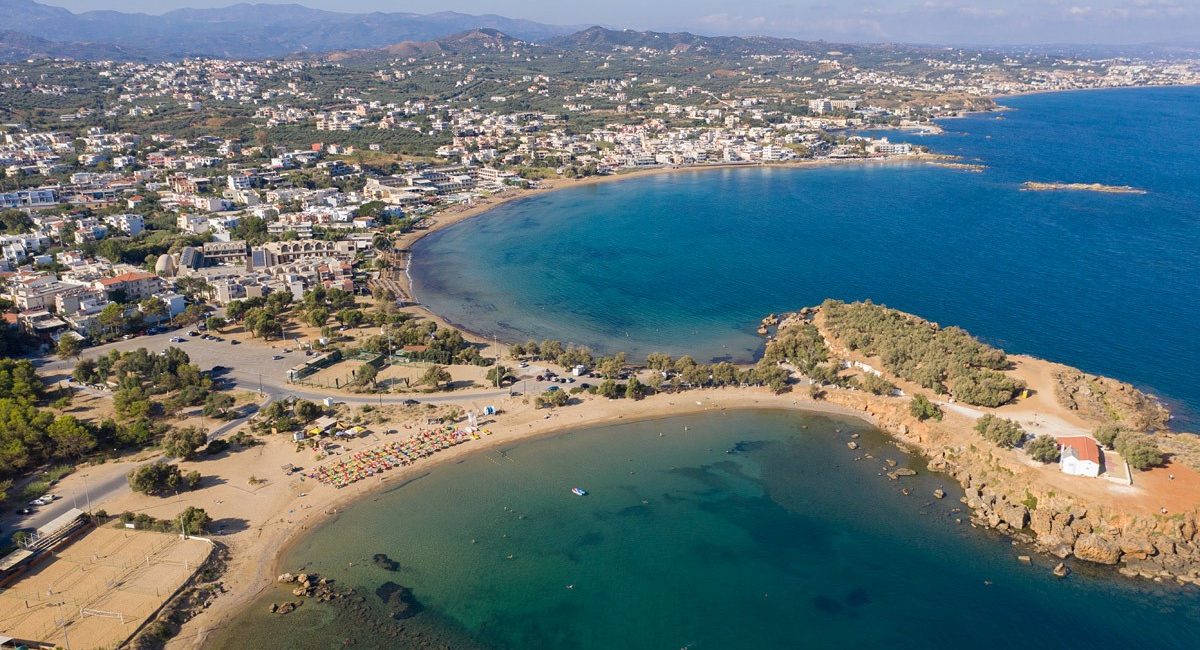 Panoramic view of Glaros and Iguana beach as well as the peninsula between them where the chapel of Saint Apostoles is