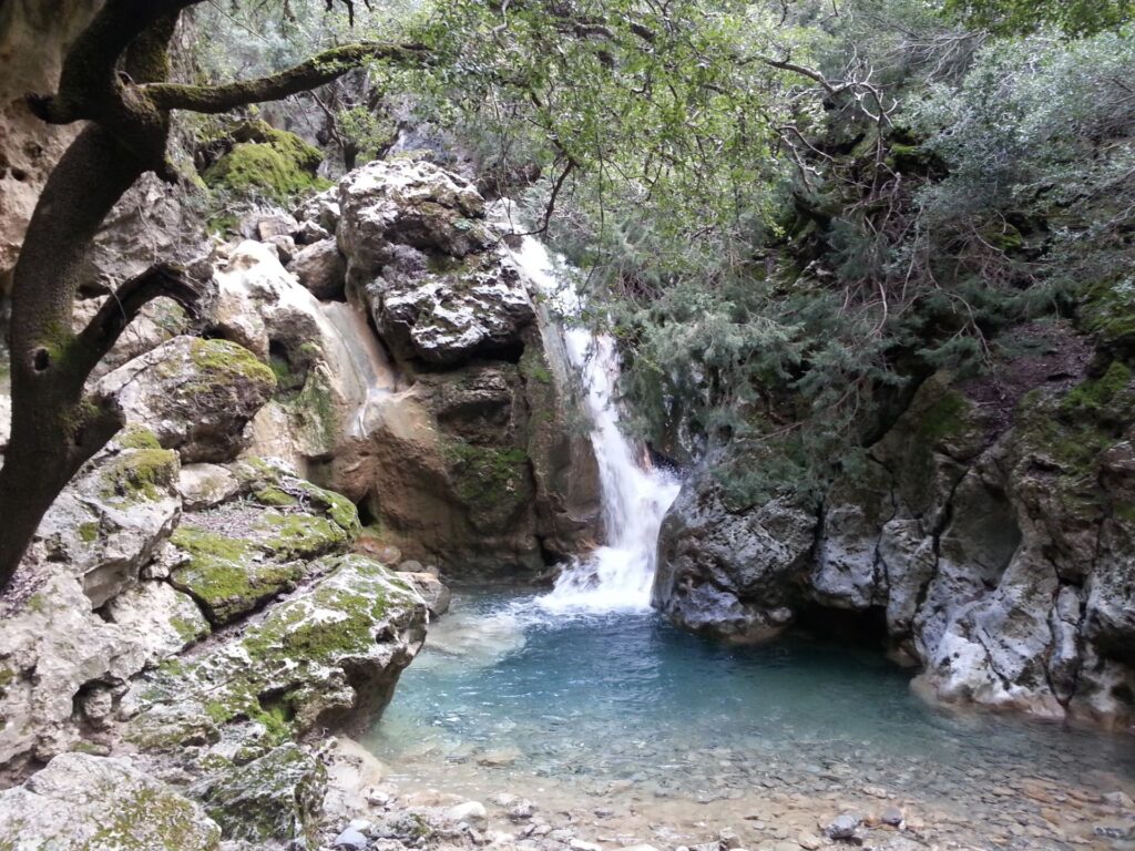 "Natural Waterfalls at the E4 path while walking along the river bed."