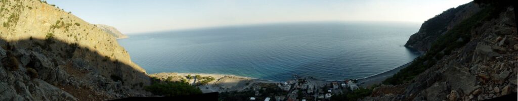 Agia Roumeli village, seen from the hills and the Libyan sea