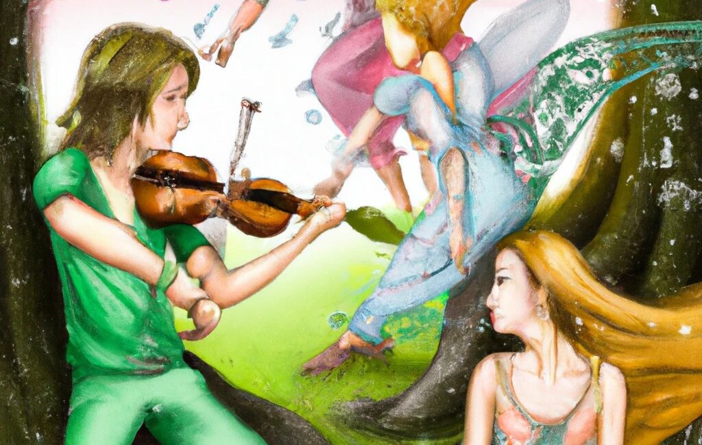 A young lyre player entertaining fairies in the woods