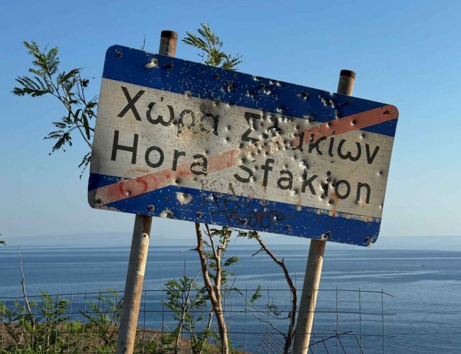 Chora Sfakion: Road sign pierced by bullets